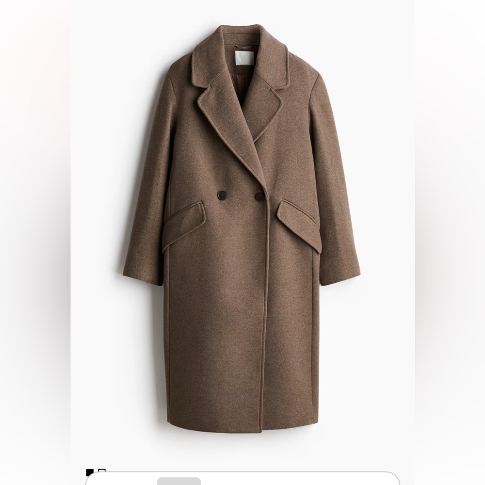 H&M Elegant Dark Beige Double Breasted Calf Length Wool Blend Coat Size XL, NWT - Picture 3 of 6